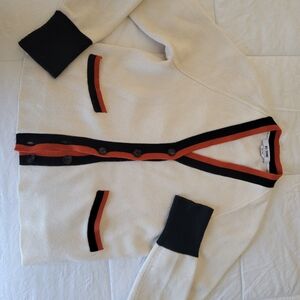 Cream Button Cardigan with Black and Orange-Red Accents By RE/DONE